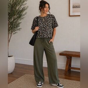 H&M Leopard Print Short Sleeve Top in Gray and Mustard